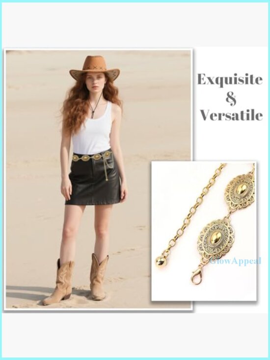 Adjustable Western Concho Chain Belt Metal Alloy Vintage Boho Style - Picture 6 of 7